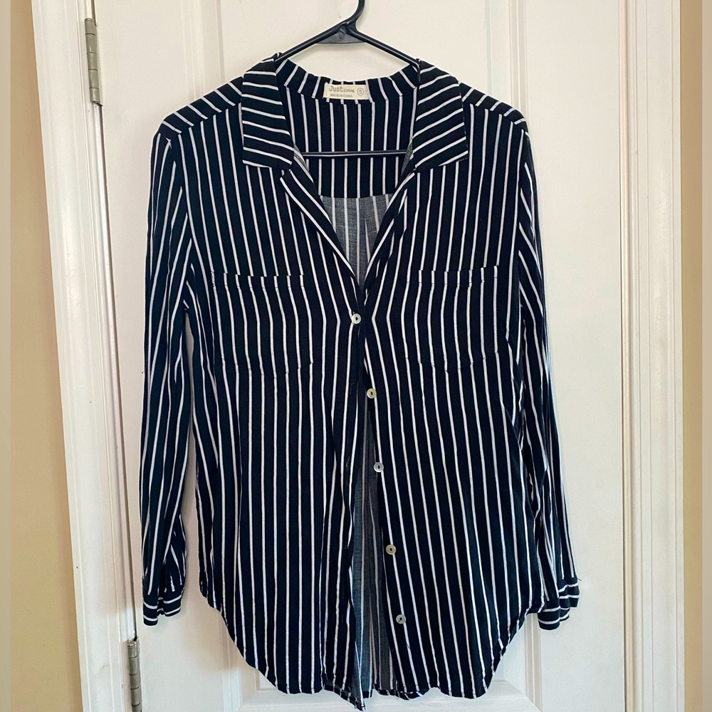 Just Living brand black and white pinstripe button up casual